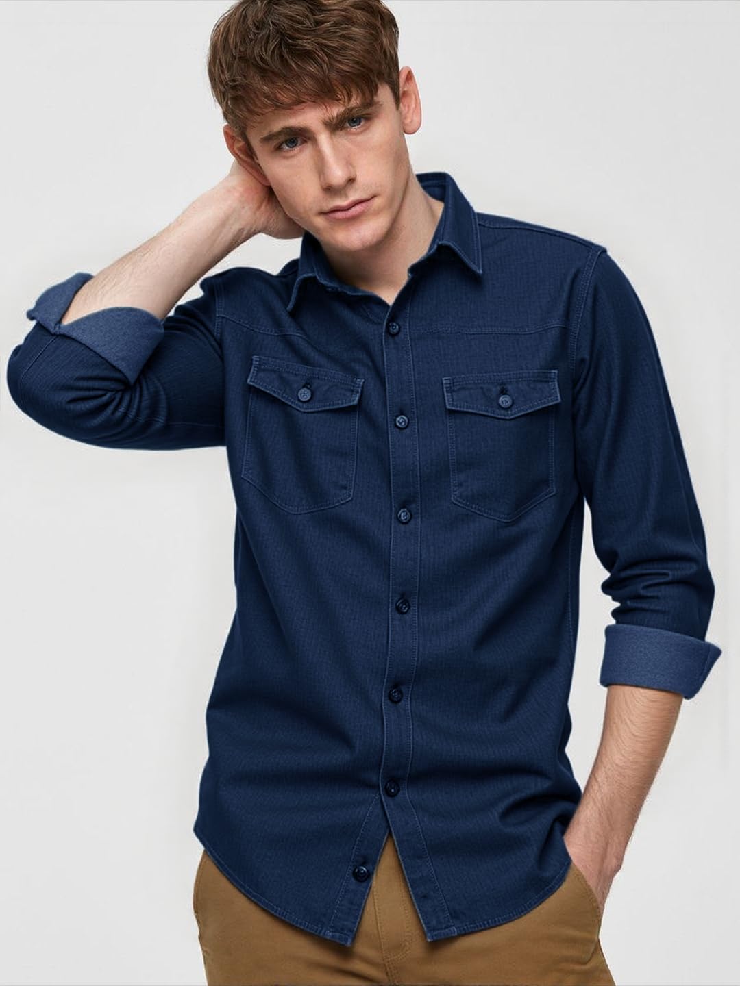 トップス deres 24th Erny pocket play shirt navy NEW-18 Men's Navy Blue Denim Shirt | Casual Wear | Two Chest